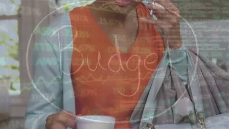 animation of financial data processing over biracial woman using smartphone