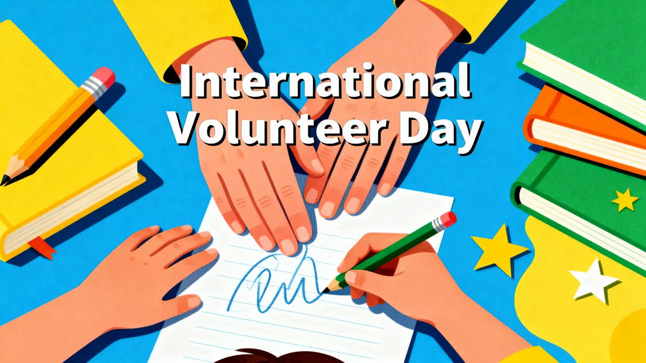 Writing green pencil starting volunteer in blue top leading story at reading corner, engaging kids