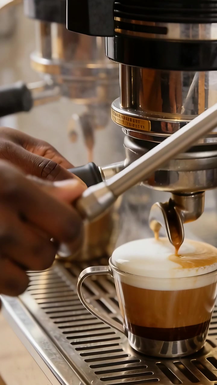 Video verticale: Barista in maglietta scura che versa dal portafiltro, tiene una tazza al bar e usa la lancia vapore per il latte.