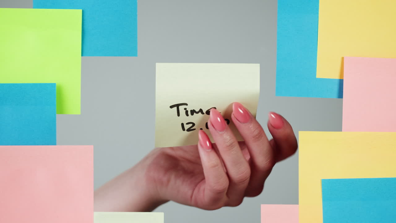 Mano femminile che tiene e rimuove un post-it con un promemoria dell'ora