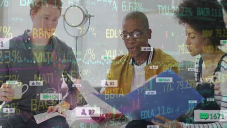 animation of graphs, notification bars, trading board over diverse coworkers discussing reports