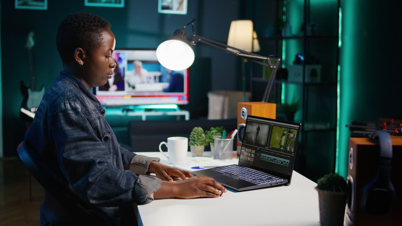 Young woman editing video at home