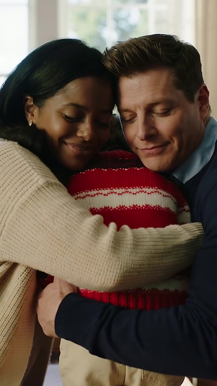 Vertical video: Walking boy in red knit to coffee table at home, adults guiding and hugging to calm