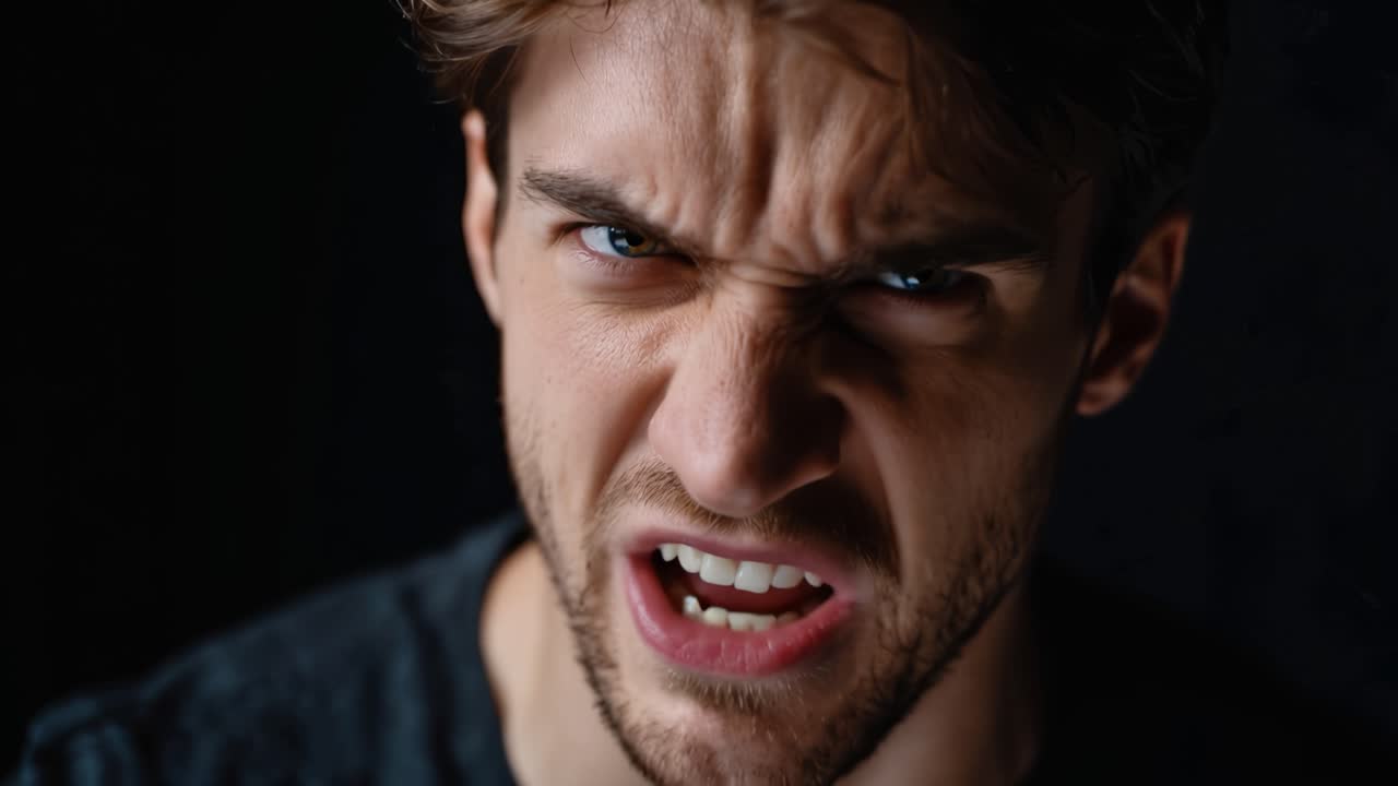 Intense Emotion: A Close-Up Study of Anger Expressed Through Facial Contortion and Powerful Facial Features in Dramatic Lighting Conditions