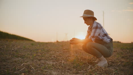 female farmer examining soil at sunset