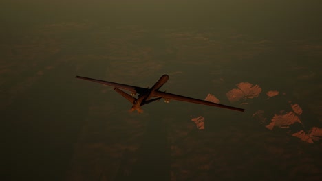 military airplane flying above the battlefield at sunset. war concept