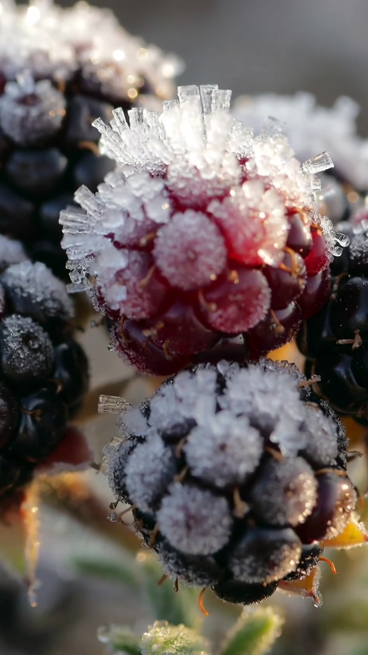 Video verticale: La luce mutevole dell'alba fa sì che un grappolo di bacche brinate catturi i riflessi su un cespuglio di rovi.