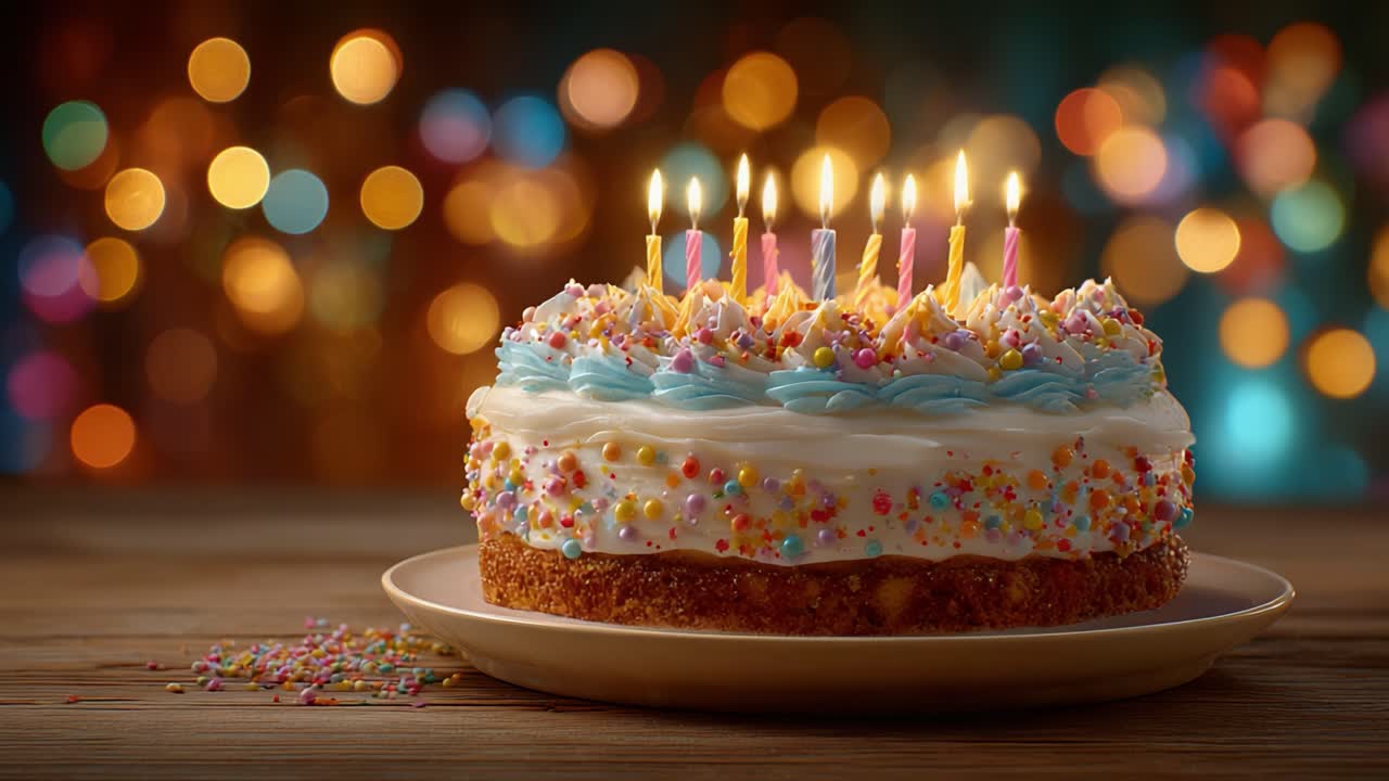 A Beautifully Decorated Birthday Cake with Colorful Frosting and Candles Illuminating the Festive Background, Perfect for Celebrations and Special Moments