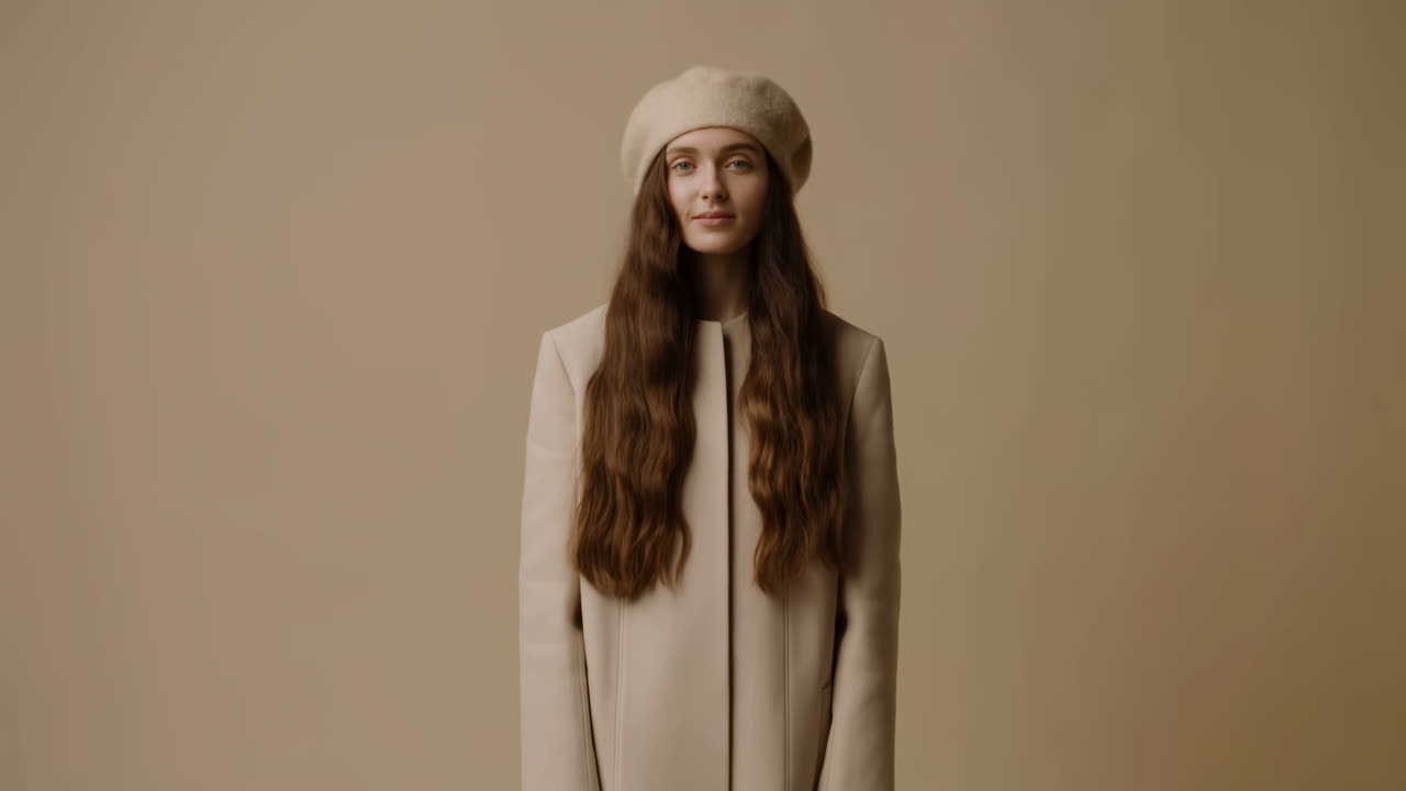 Modella con cappotto beige e basco in studio neutro, capelli lunghi e fluenti, moda invernale minimalista, caldo e morbido
