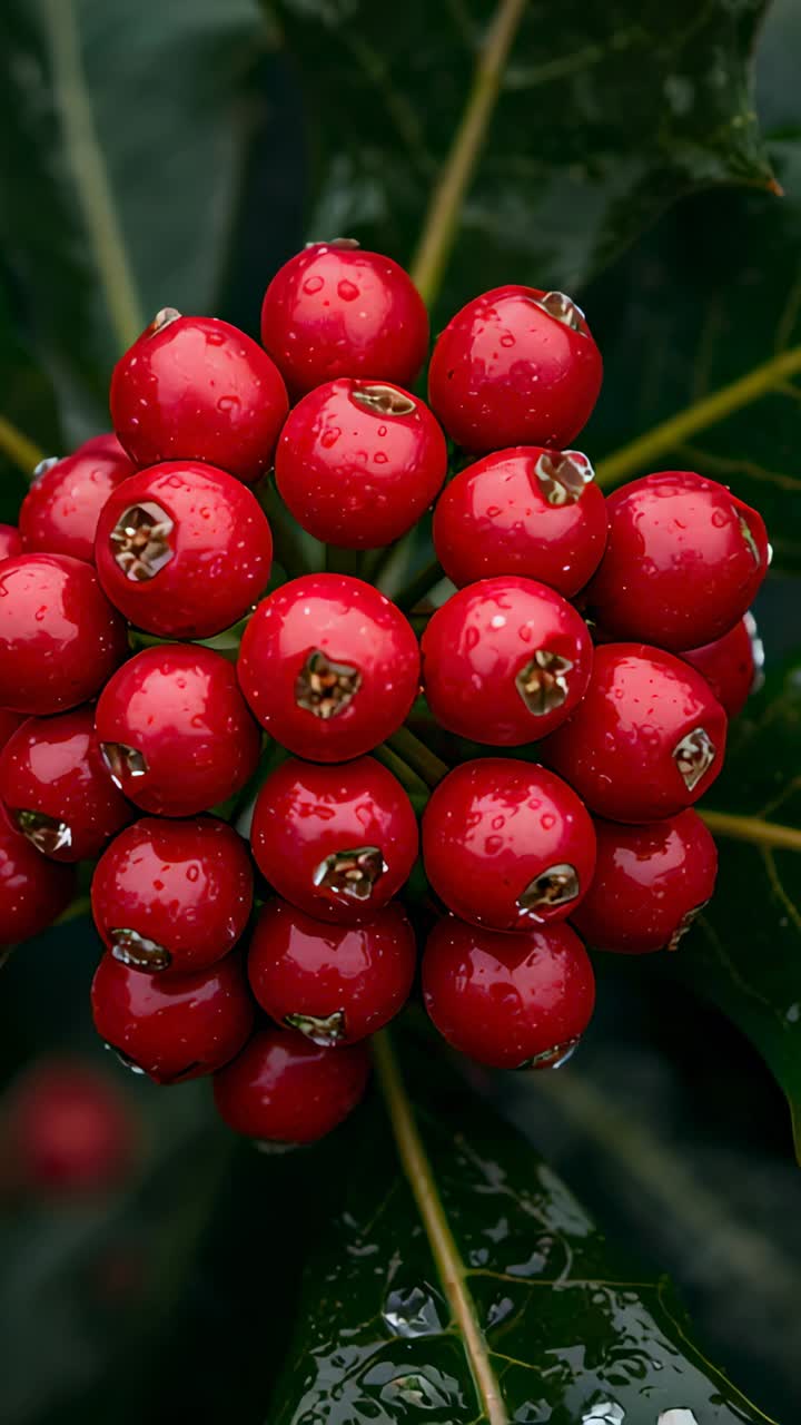 Vertical video: Moving camera over red berries on bush after rain, revealing stem, leaves, droplets