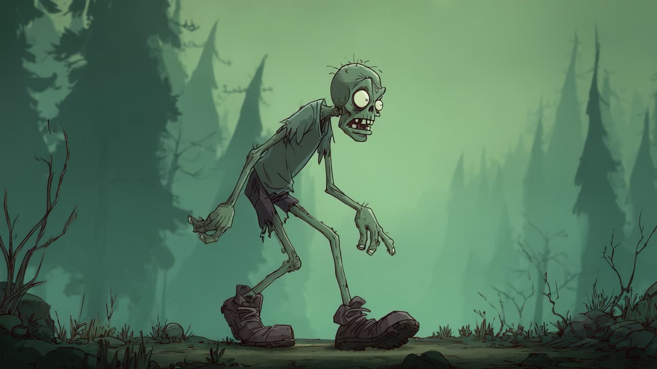 Un inquietante zombie animato vaga barcollando in una foresta oscura e nebbiosa, con il suo corpo emaciato e i tratti distorti che creano un'atmosfera spettrale tra le ombre