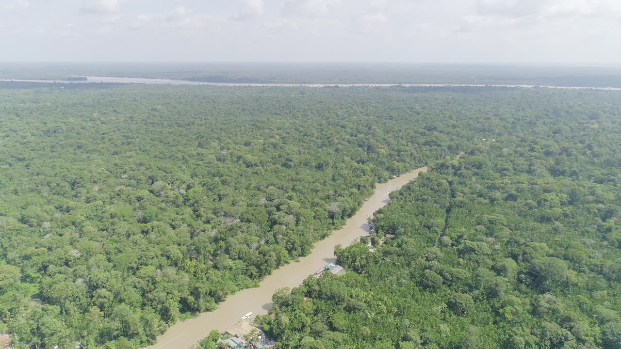 Aerial shot of amazonian river and jungle, very high with horizon