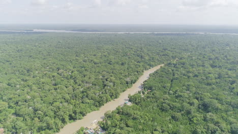 Toma-Aérea-Del-Río-Amazónico-Y-La-Selva,-Muy-Alta-Con-Horizonte