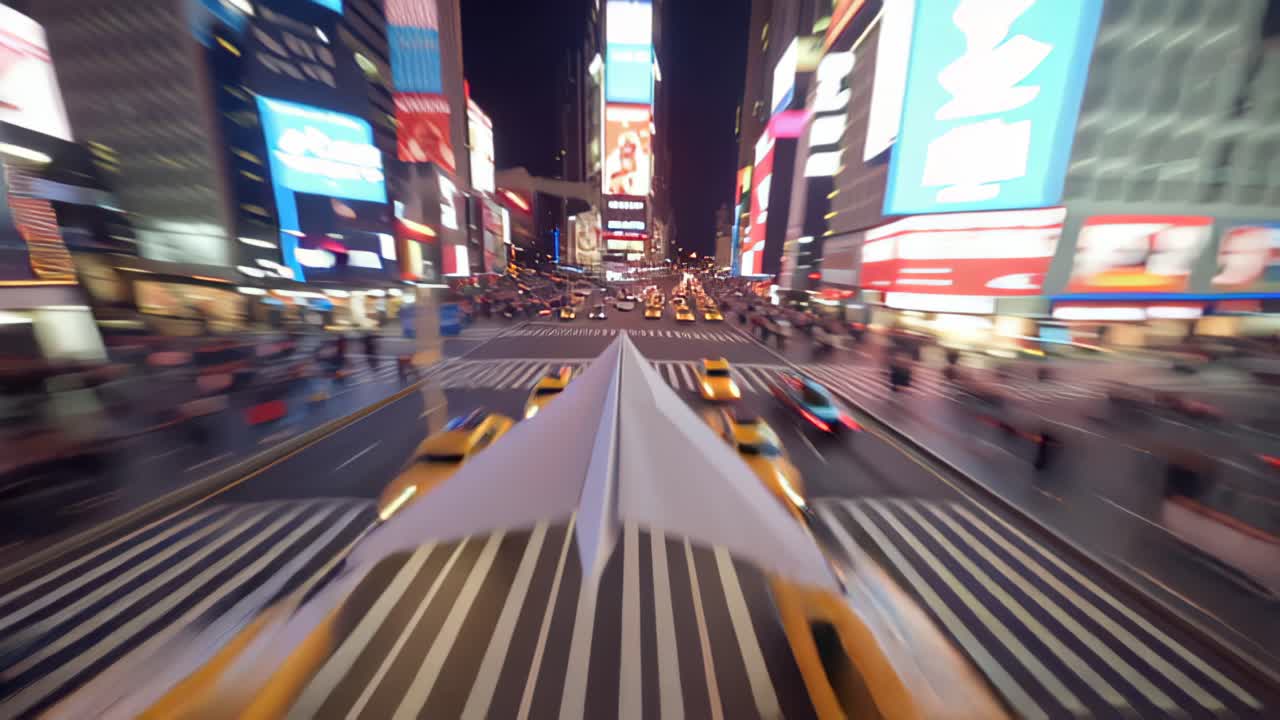 Point of view shot of a paper airplane gliding above a crowded urban intersection at night, with bright billboards, traffic and pedestrians creating dynamic motion blur