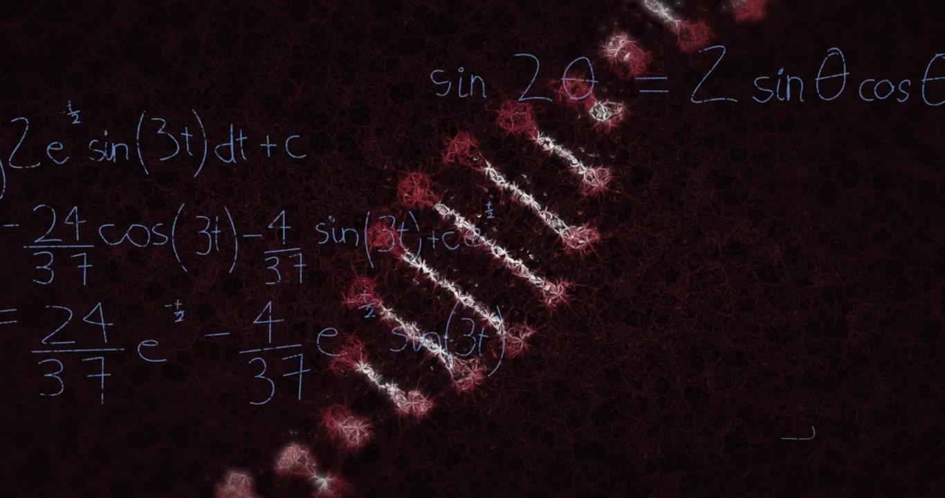 Matematik formülleriyle siyah arka plan üzerinde dönen DNA animasyonu