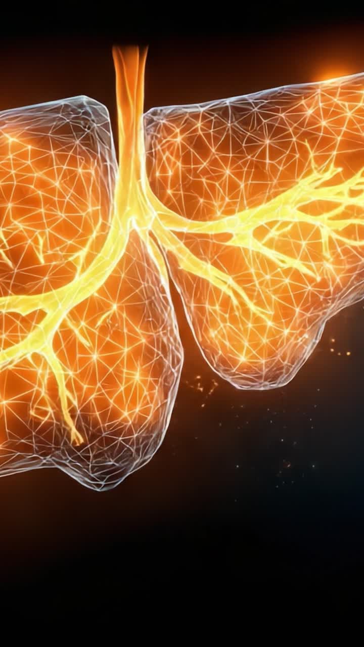 A Stunning Visualization of Lungs Represented in a Glowing, Abstract Form, Showcasing Intricate Vascular Structures Illuminated by Warm Orange Light