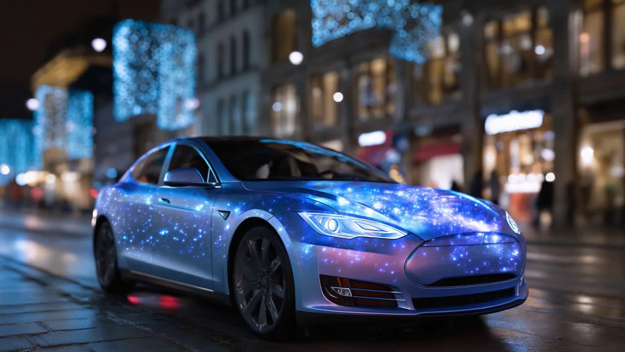 Um carro futurista iluminado com uma projeção estrelada deslumbrante, exibindo cores vibrantes contra um plano de fundo festivo da cidade adornado com luzes cintilantes à noite