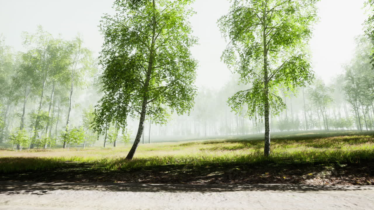 안개 가득 한 버드 숲 의 풍경