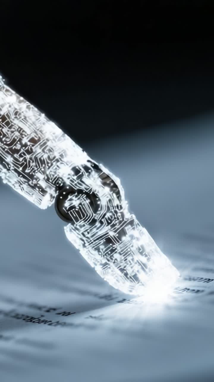 A Close-Up View of a Semi-Transparent Mechanical Hand Engaging with Text, Showcasing Advanced Technology in Interaction with Written Words