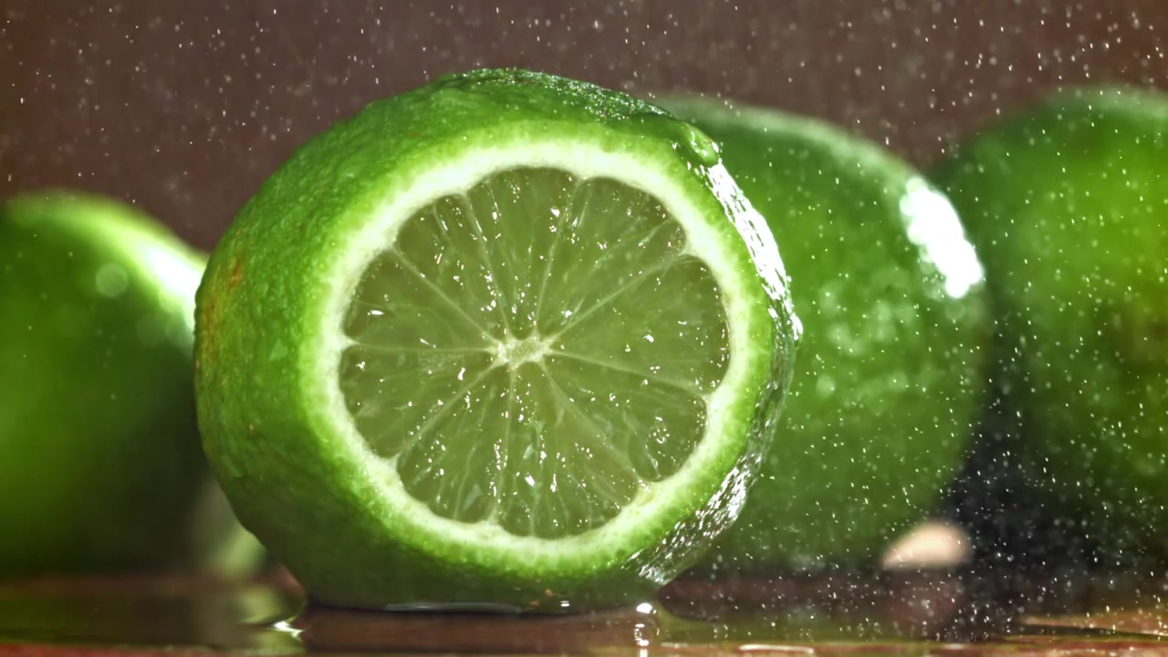 Lime fresco affettato con goccioline d'acqua al rallentatore
