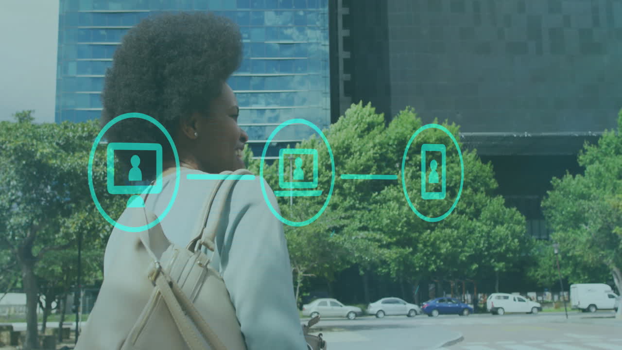 Walking outdoors, businesswoman surrounded by digital network animation in cityscape