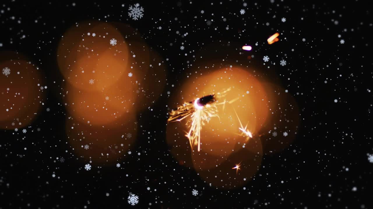 Igniting sparkler radiating sparks outward, drifting snowflake motifs evoking winter festival mood