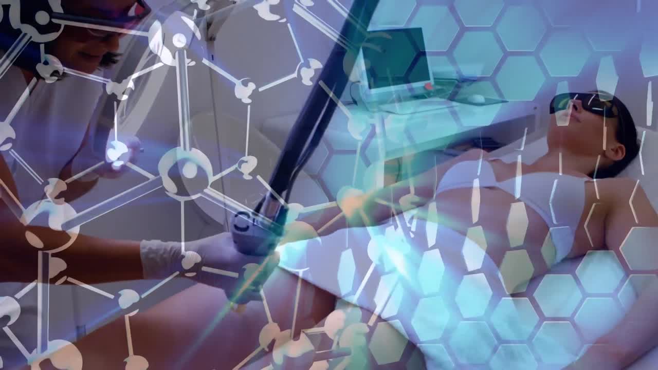 animación de una molécula girando con una mujer en una clínica