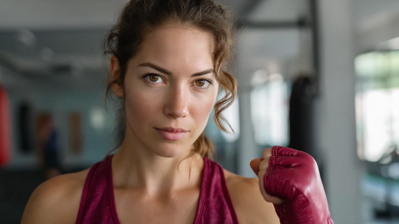 Boxer determinata che si allena in palestra: determinazione e forza catturate in due immagini pronte per la competizione e la sfida