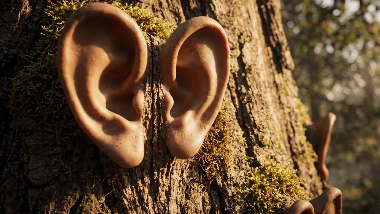 Tronco d'albero surreale con orecchie umane in una foresta assolata