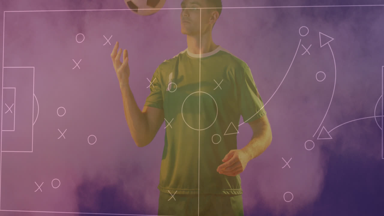 animación de un juego de fútbol diagrama táctico sobre un jugador de fútbol masculino caucásico lanzando la pelota