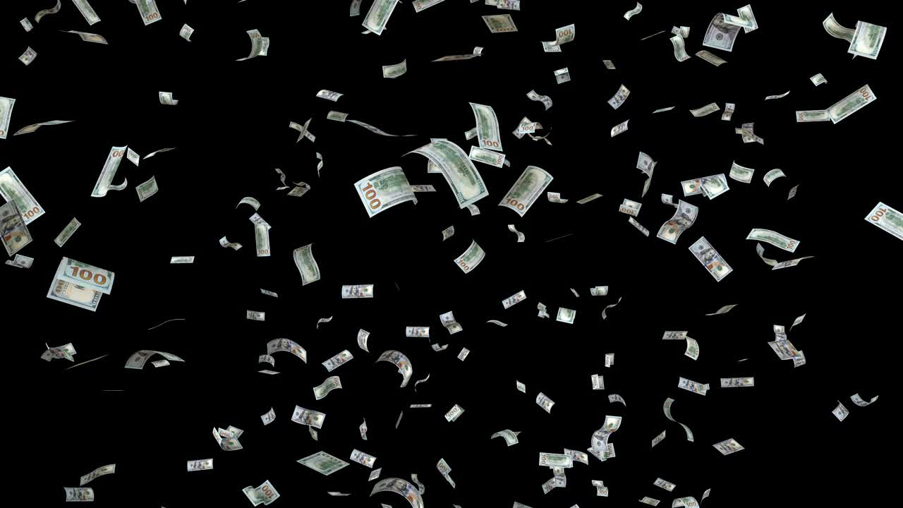 los billetes caen en bucle con un canal alfa de dólar separado