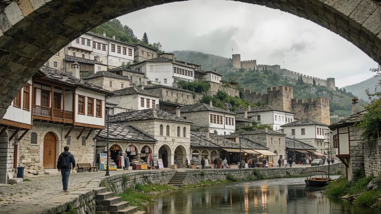Uomo che entra nell'inquadratura con giacca scura e zaino, camminando sulla banchina sotto un arco in pietra esplorando la città, con spazio per il testo