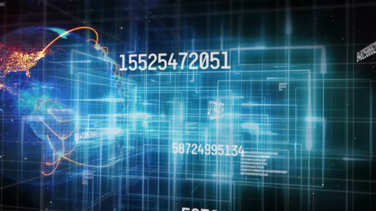 Digital animation of changing numbers and light trails over globe against night sky