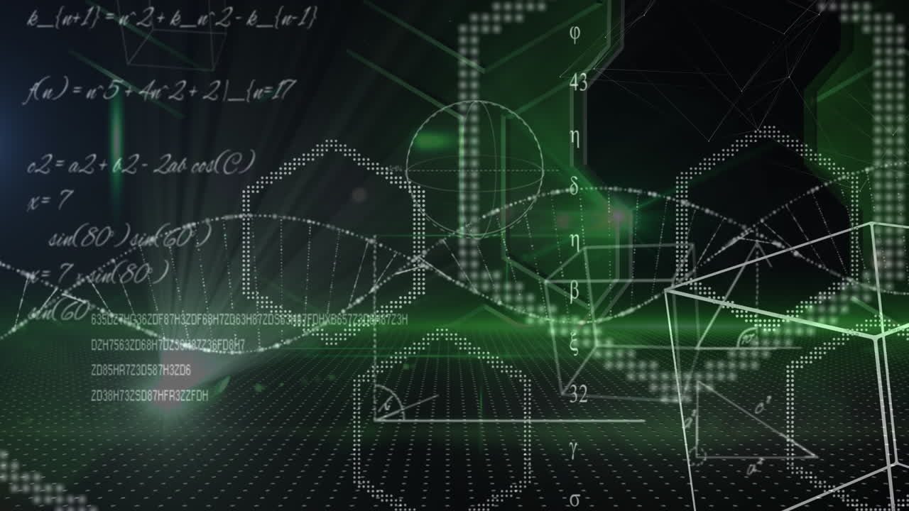 Animation of scientific data, dna and connections over black and green background