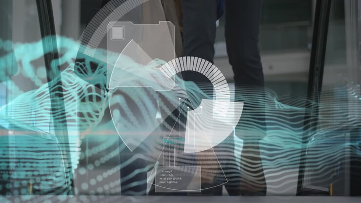 Animation of financial data processing over business people walking