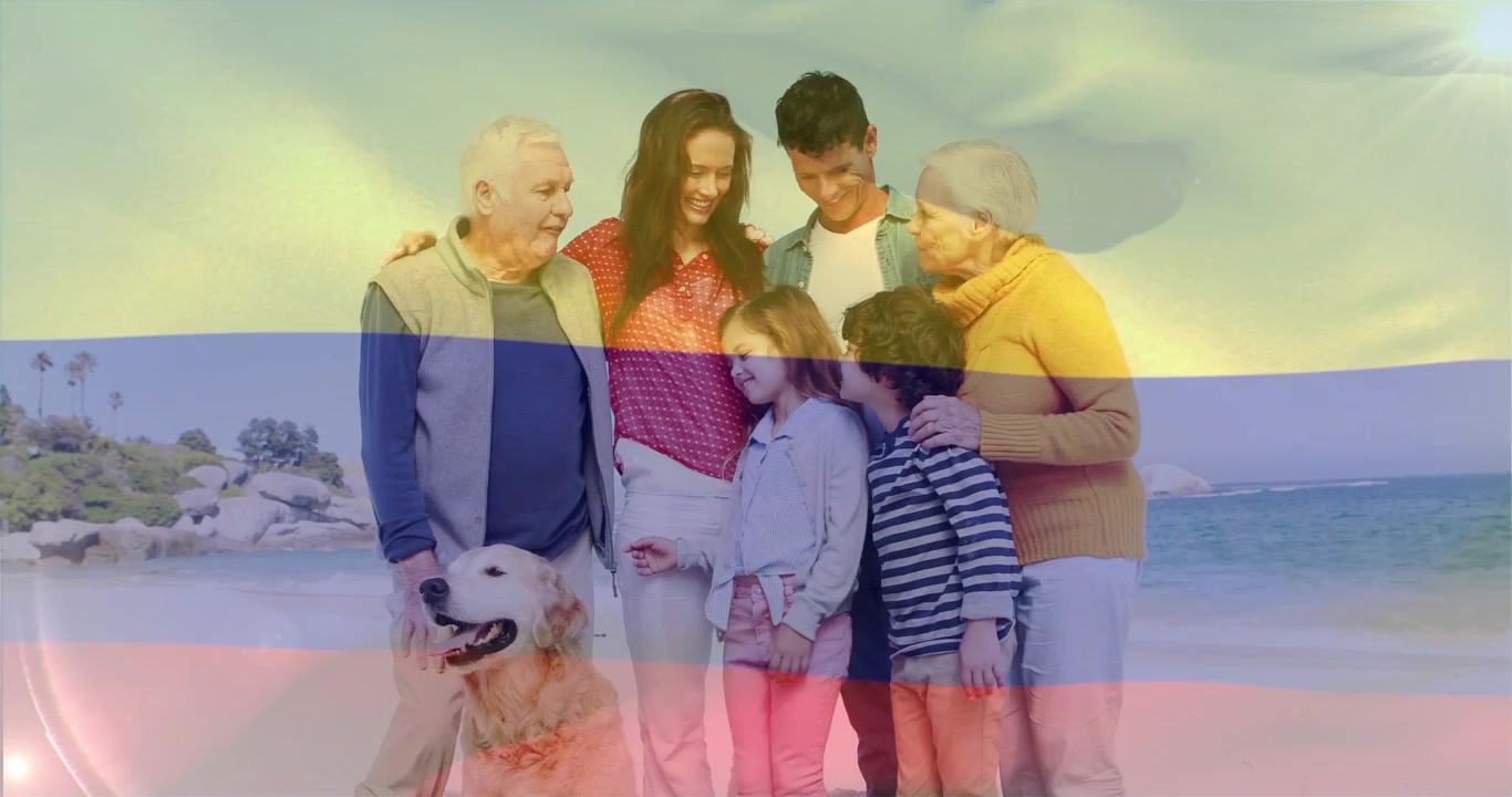 Famiglia di tre generazioni che reagisce a un segnale fuori campo, che posa con un cane in spiaggia per pubblicità, con strisce che ondeggiano attraverso il gruppo.