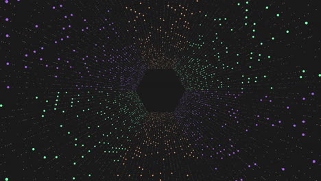 vértigo arco iris futurista neón hexágono con líneas y brillos en galaxia oscura