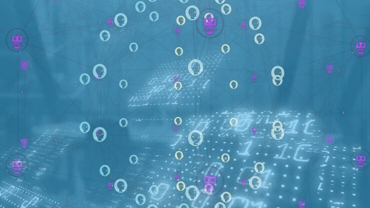 Animation of connected icons forming globe over binary codes and glass window in office