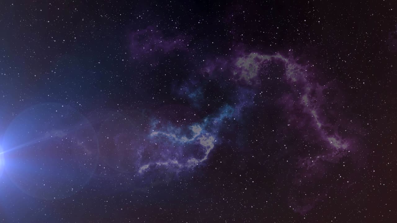 밤하늘의 분홍색과 파란색 성운 위에 빛이 빛나는  ⁇  반점