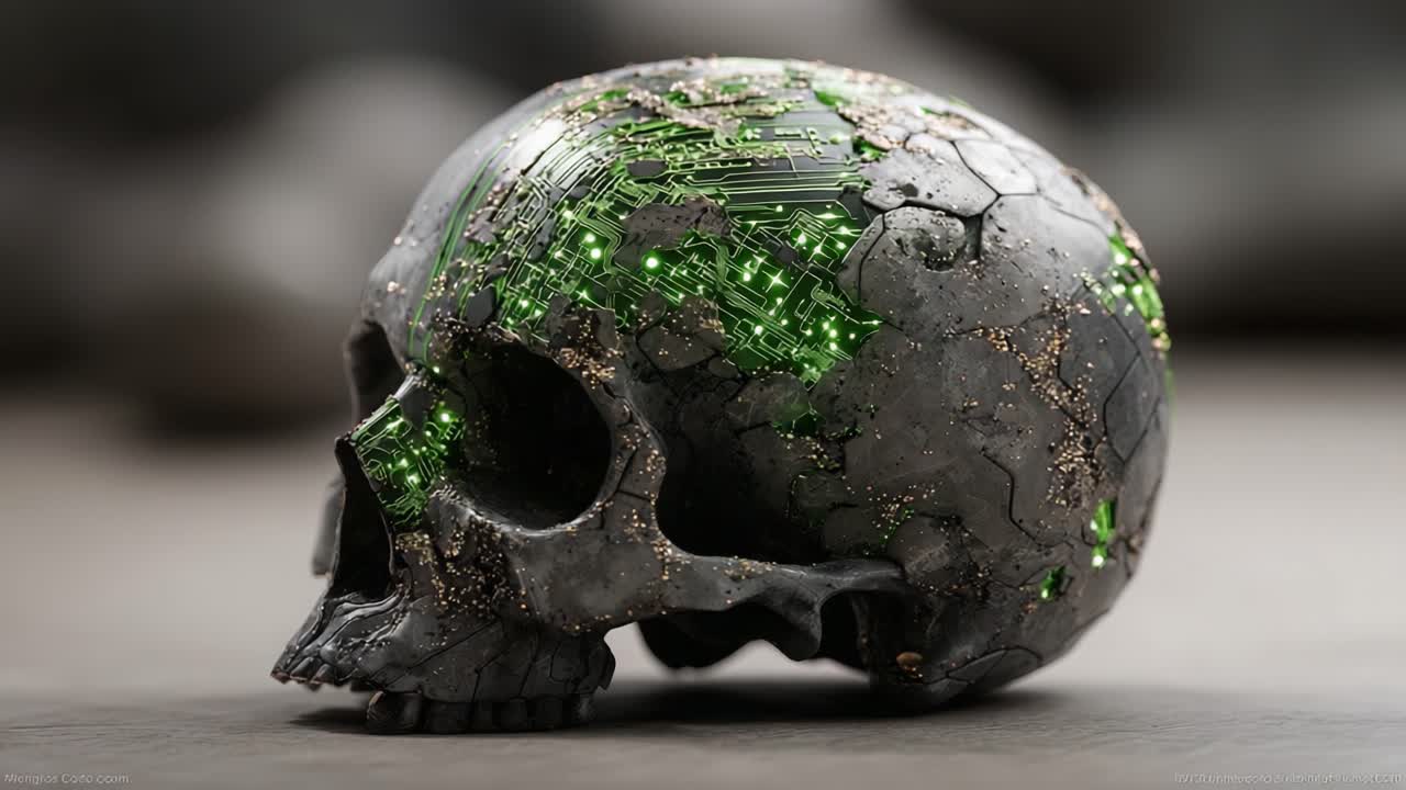 Un intrigante teschio futuristico: una fusione di tecnologia e natura, che evidenzia la bellezza del decadimento organico intrecciato con circuiti.