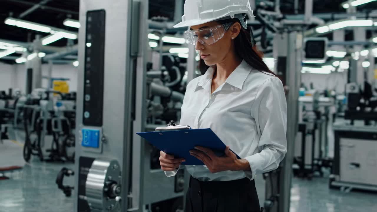 ingeniera inspeccionando maquinaria en una fábrica