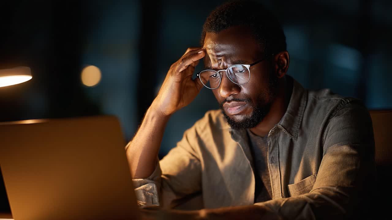 Eine nachdenkliche Person, die nachts tief in Gedanken versunken an einem Laptop arbeitet und mit komplexen Aufgaben kämpft und über Lösungen für schwierige Probleme nachdenkt