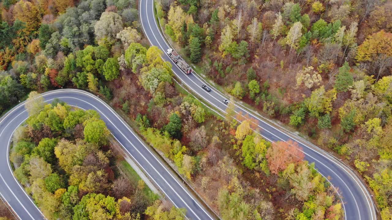 camión que entrega madera y automóviles en la autopista sinuosa de asfalto a través de los bosques de otoño