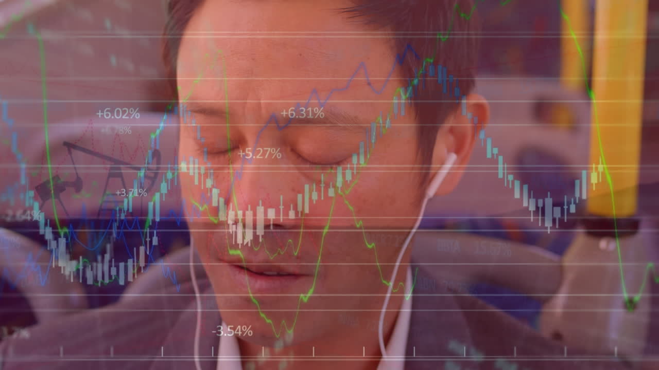 버스에서 아시아 사업가에 대한 데이터 처리 애니메이션