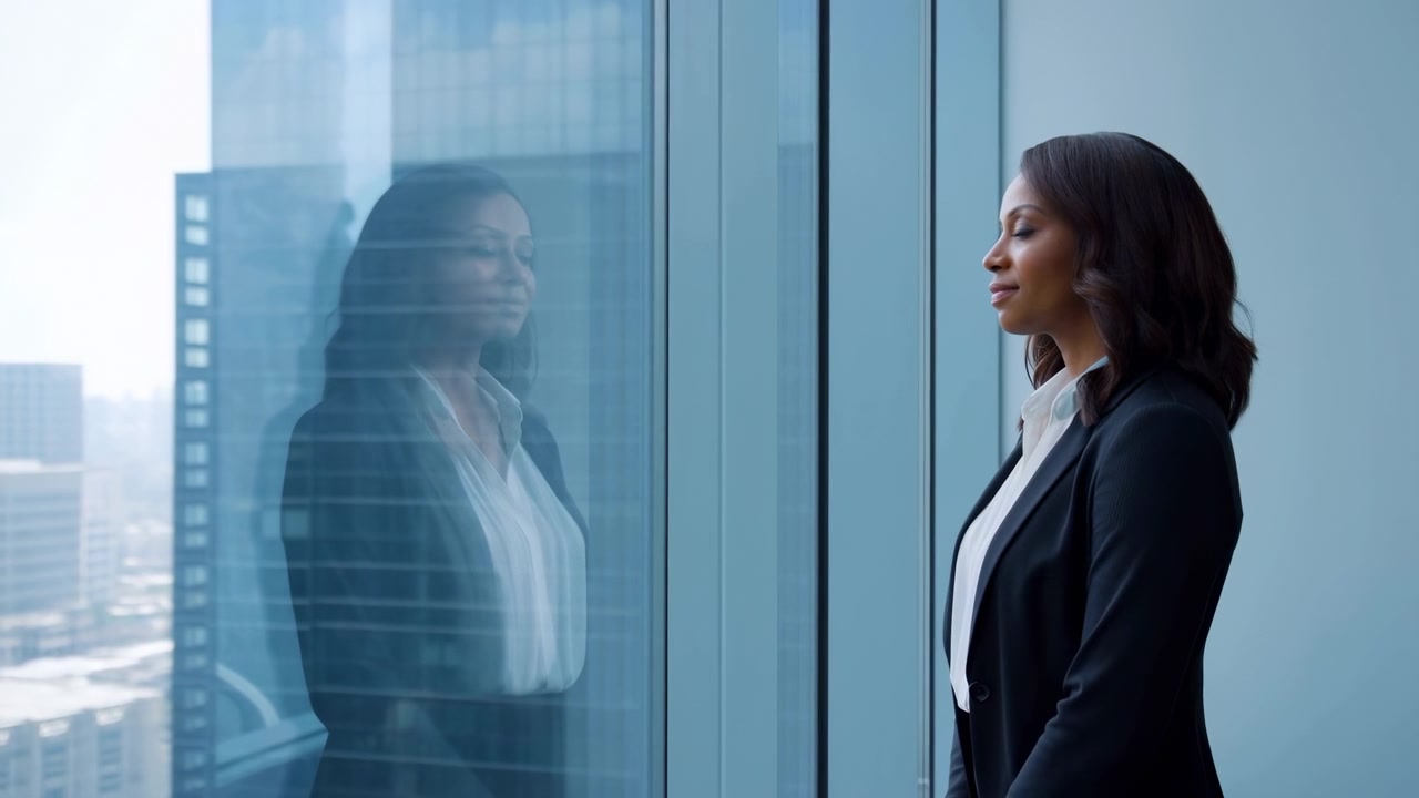 Side-profile view shows woman standing quietly at tall window as city buildings appear outside, with soft daylight, strong reflection, and modern interior framing her figure.