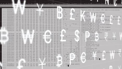 Animation of multiple currency symbols moving over data processing against white background