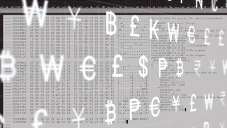 animation of multiple currency symbols moving over data processing against white background