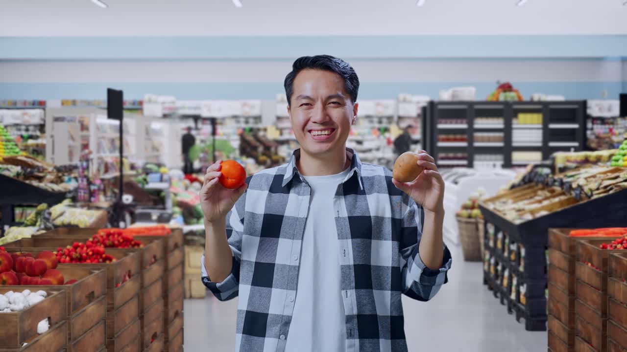 アジア人男性の農家が、食料品店でジャガイモとトマトで遊んでいます。