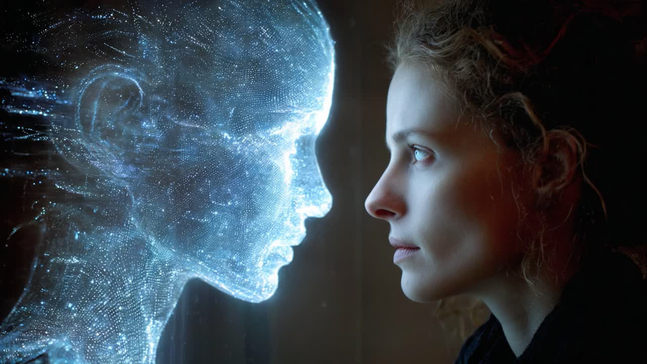 A Captivating Encounter: A Human and AI Face-to-Face Moment, Exploring the Boundaries of Technology, Emotion, and Connection Through Futuristic Visuals