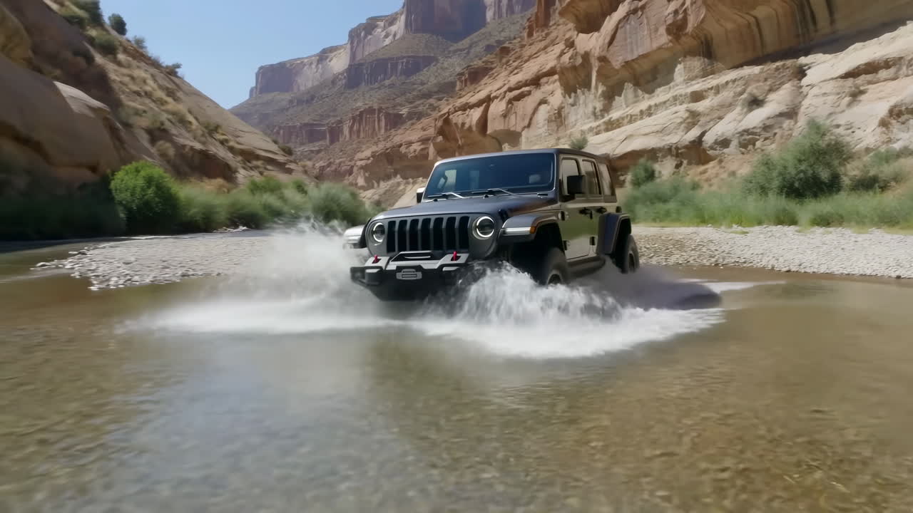 Jeep Nera che attraversa un ruscello poco profondo in un canyon, schizzando acqua limpida sul letto roccioso del fiume sotto imponenti rocce arenarie.